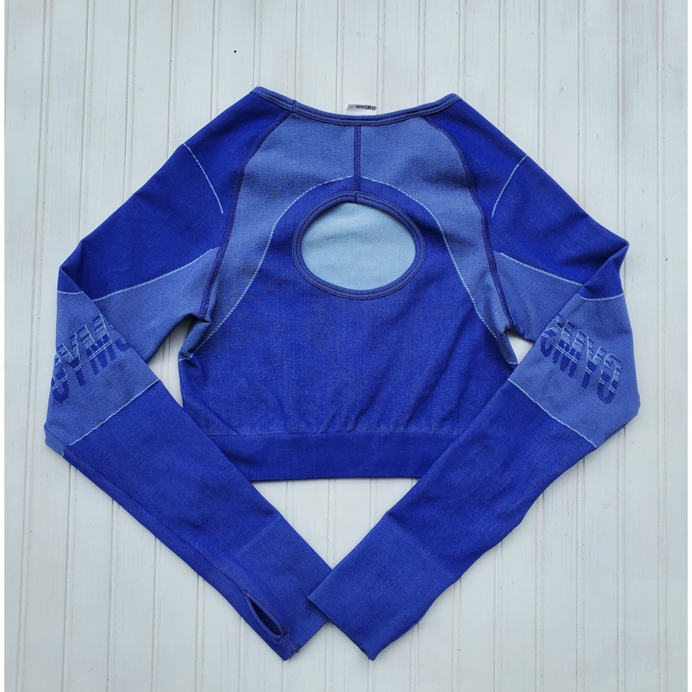 Gymshark Energy+ Seamless Long Sleeve Crop Top Blue Marl Open Back Workout Small - Picture 4 of 5